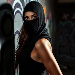 A strikingly attractive woman wearing a full cover balaclava, with only her alluring eyes visible