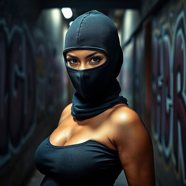 A strikingly attractive woman wearing a full cover balaclava, with only her alluring eyes visible