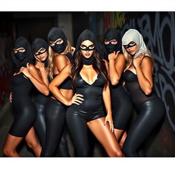 A captivating scene featuring a group of confident and alluring women, each wearing sleek and stylish full-cover burglar balaclavas