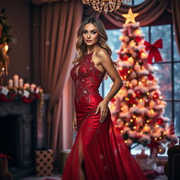 A glamorous, sexy woman in an elegant, flowing, red evening dress that sparkles, adorned with intricate beadwork and sequins