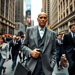 An ascetic monk dressed in a sharp stockbroker outfit, featuring a tailored gray suit and a crisp white shirt, with a stylish tie