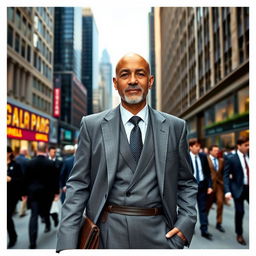 An ascetic monk dressed in a sharp stockbroker outfit, featuring a tailored gray suit and a crisp white shirt, with a stylish tie