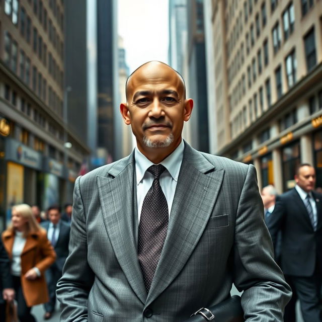 An ascetic monk dressed in a sharp stockbroker outfit, featuring a tailored gray suit and a crisp white shirt, with a stylish tie