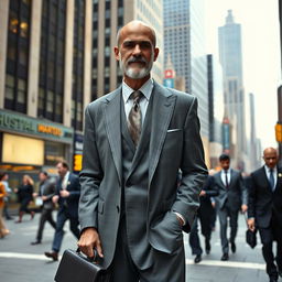 An ascetic monk dressed in a sharp stockbroker outfit, featuring a tailored gray suit and a crisp white shirt, with a stylish tie