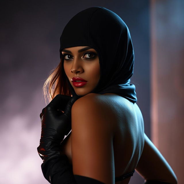 A seductive and alluring Indian woman wearing a full-cover burglar balaclava, satin gloves, and a stylish outfit that emphasizes her curves