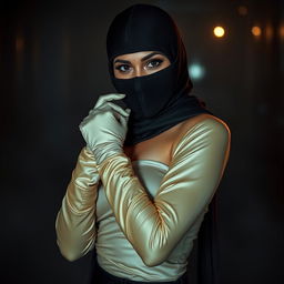 A seductive and alluring Indian woman wearing a full-cover burglar balaclava, satin gloves, and a stylish outfit that emphasizes her curves