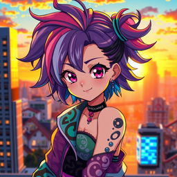 A captivating anime character with vibrant, colorful hair styled in an intricate fashion