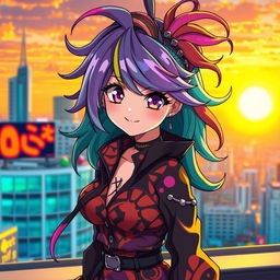A captivating anime character with vibrant, colorful hair styled in an intricate fashion