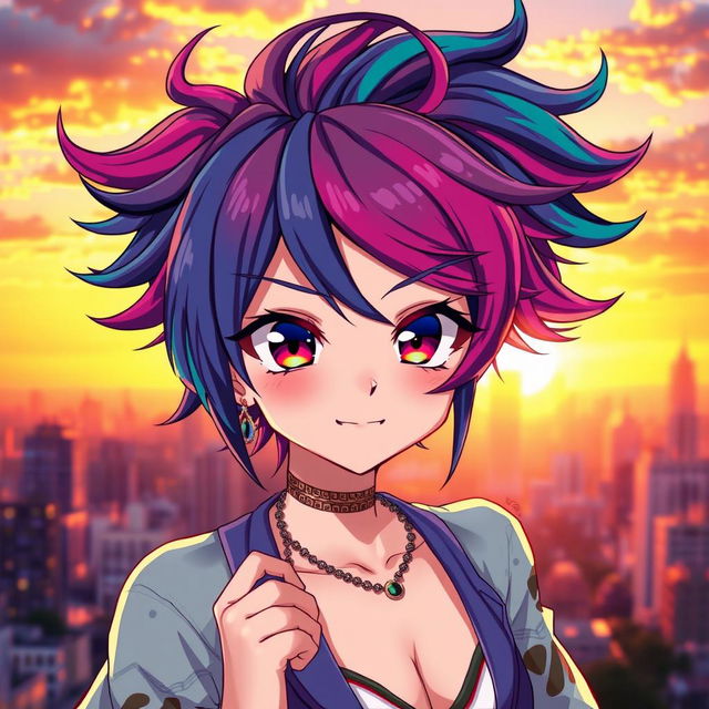 A captivating anime character with vibrant, colorful hair styled in an intricate fashion