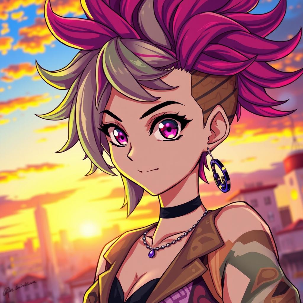 A captivating anime character with vibrant, colorful hair styled in an intricate fashion