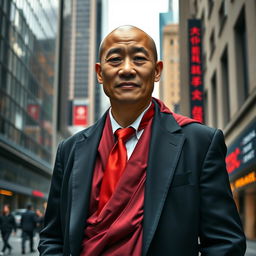 An ascetic Tibetan monk dressed in a stylish stockbroker outfit, featuring a tailored black suit with a red tie, contrasting with the traditional robe of a monk that peeks out from underneath