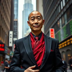 An ascetic Tibetan monk dressed in a stylish stockbroker outfit, featuring a tailored black suit with a red tie, contrasting with the traditional robe of a monk that peeks out from underneath