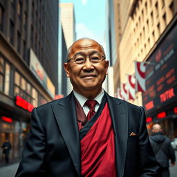 An ascetic Tibetan monk dressed in a stylish stockbroker outfit, featuring a tailored black suit with a red tie, contrasting with the traditional robe of a monk that peeks out from underneath