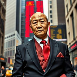 An ascetic Tibetan monk dressed in a stylish stockbroker outfit, featuring a tailored black suit with a red tie, contrasting with the traditional robe of a monk that peeks out from underneath