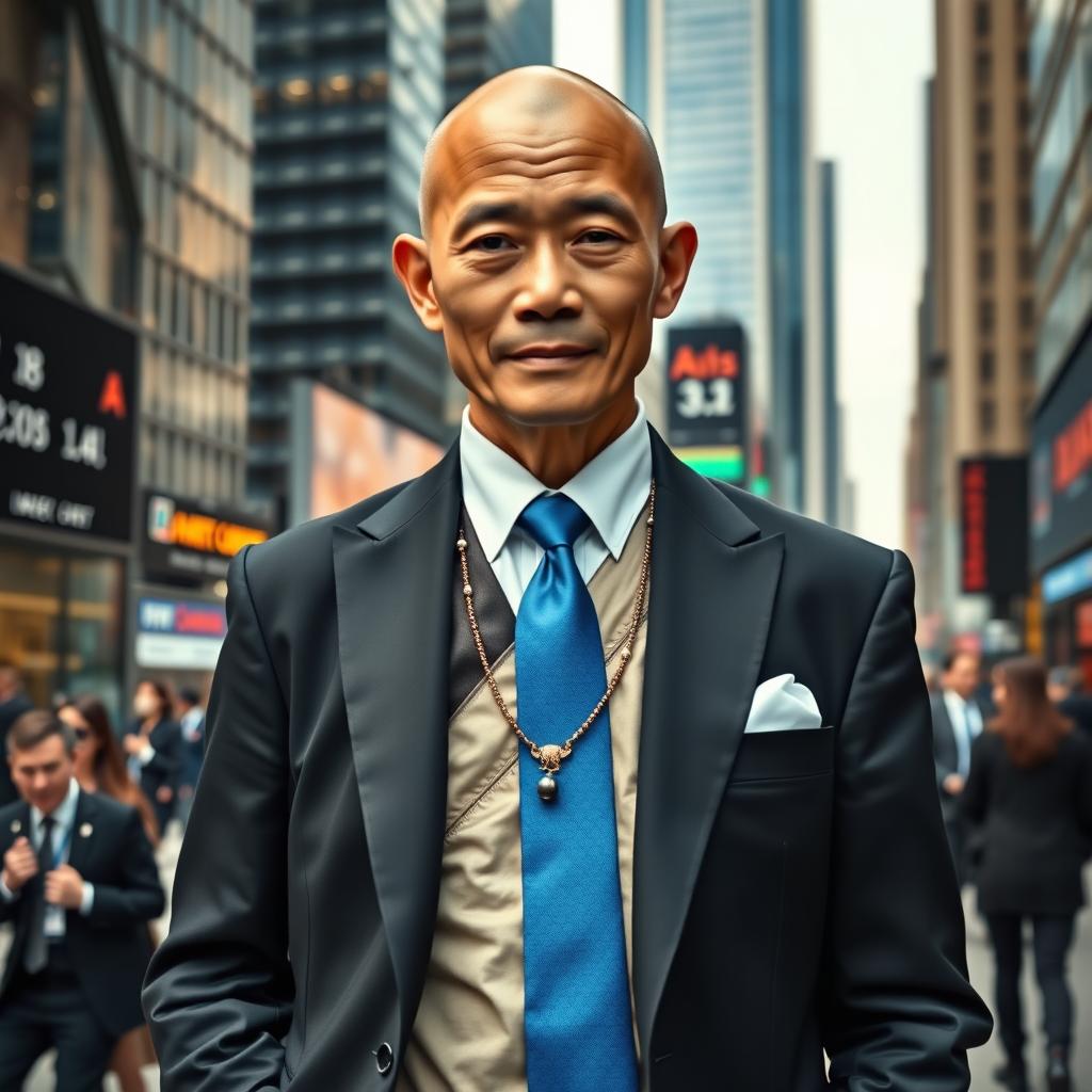 An ascetic Tibetan monk dressed in elegant stockbroker attire, showcasing a well-fitted black suit with a crisp white shirt and a vibrant blue tie