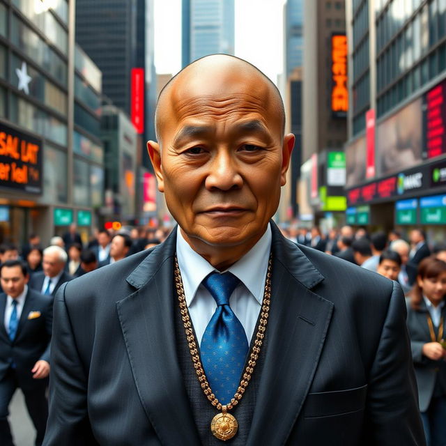 An ascetic Tibetan monk dressed in elegant stockbroker attire, showcasing a well-fitted black suit with a crisp white shirt and a vibrant blue tie