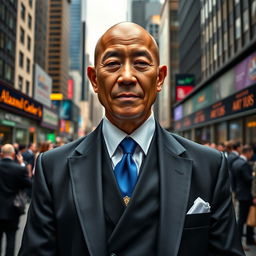 An ascetic Tibetan monk dressed in elegant stockbroker attire, showcasing a well-fitted black suit with a crisp white shirt and a vibrant blue tie