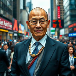An ascetic Tibetan monk dressed in elegant stockbroker attire, showcasing a well-fitted black suit with a crisp white shirt and a vibrant blue tie