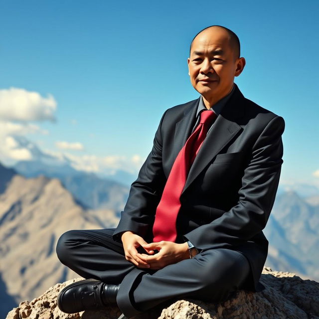 An ascetic Tibetan monk dressed in a sleek stockbroker outfit, featuring a fitted black suit and a vibrant tie, sitting in a meditative pose on a rocky mountain ledge