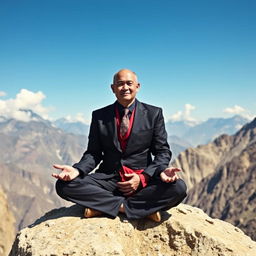 An ascetic Tibetan monk dressed in a sleek stockbroker outfit, featuring a fitted black suit and a vibrant tie, sitting in a meditative pose on a rocky mountain ledge