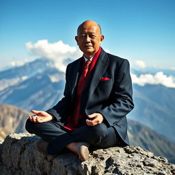 An ascetic Tibetan monk dressed in a sleek stockbroker outfit, featuring a fitted black suit and a vibrant tie, sitting in a meditative pose on a rocky mountain ledge