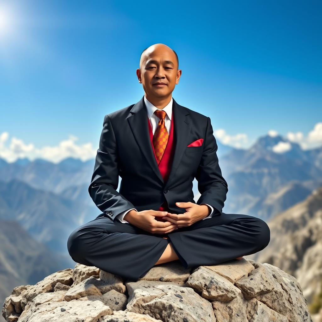 An ascetic Tibetan monk dressed in a sleek stockbroker outfit, featuring a fitted black suit and a vibrant tie, sitting in a meditative pose on a rocky mountain ledge