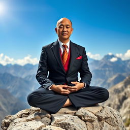 An ascetic Tibetan monk dressed in a sleek stockbroker outfit, featuring a fitted black suit and a vibrant tie, sitting in a meditative pose on a rocky mountain ledge