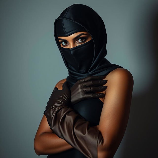 A captivating Indian woman dressed in a full-cover burglar balaclava and elegant satin gloves, projected in a way that emphasizes her alluring and confident demeanor