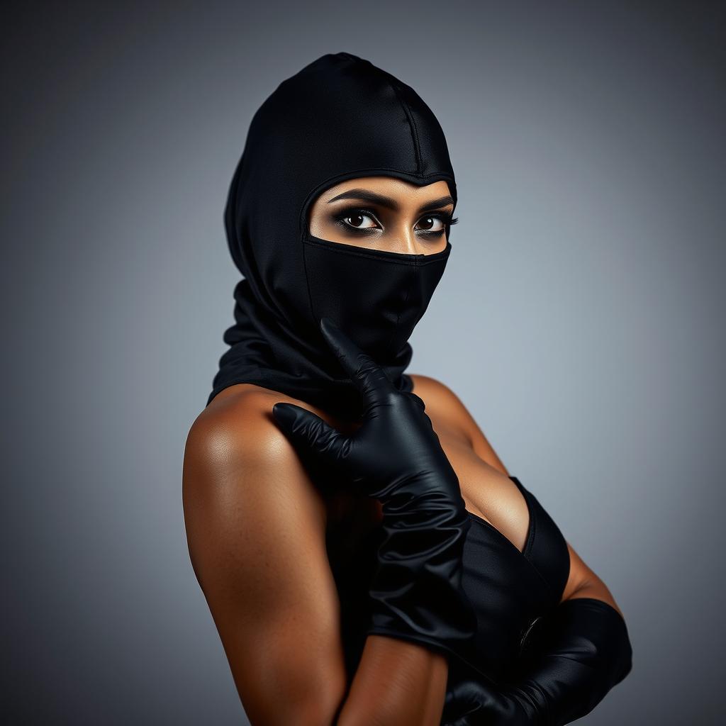 A captivating Indian woman dressed in a full-cover burglar balaclava and elegant satin gloves, projected in a way that emphasizes her alluring and confident demeanor