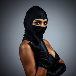 A captivating Indian woman dressed in a full-cover burglar balaclava and elegant satin gloves, projected in a way that emphasizes her alluring and confident demeanor
