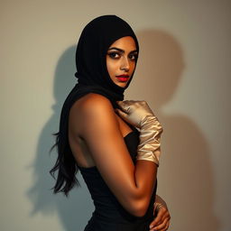 A captivating Indian woman dressed in a full-cover burglar balaclava and elegant satin gloves, projected in a way that emphasizes her alluring and confident demeanor