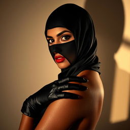 A captivating Indian woman dressed in a full-cover burglar balaclava and elegant satin gloves, projected in a way that emphasizes her alluring and confident demeanor