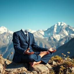 An ascetic monk in a striking stockbroker outfit, including a fitted navy blue suit and a patterned tie, peacefully meditating atop a rocky mountain ledge