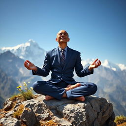 An ascetic monk in a striking stockbroker outfit, including a fitted navy blue suit and a patterned tie, peacefully meditating atop a rocky mountain ledge