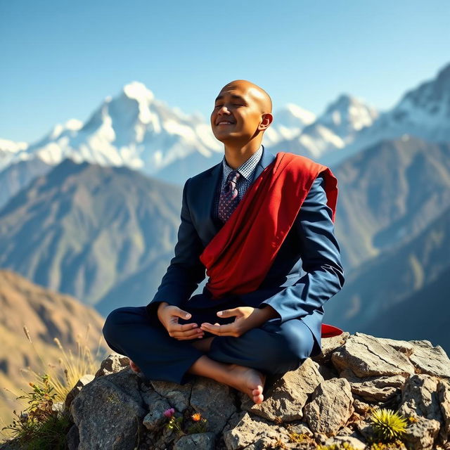 An ascetic monk in a striking stockbroker outfit, including a fitted navy blue suit and a patterned tie, peacefully meditating atop a rocky mountain ledge