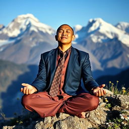 An ascetic monk in a striking stockbroker outfit, including a fitted navy blue suit and a patterned tie, peacefully meditating atop a rocky mountain ledge