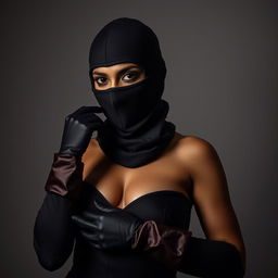 An enticing Indian woman dressed in a full-cover burglar balaclava and luxurious satin gloves, exuding confidence and allure