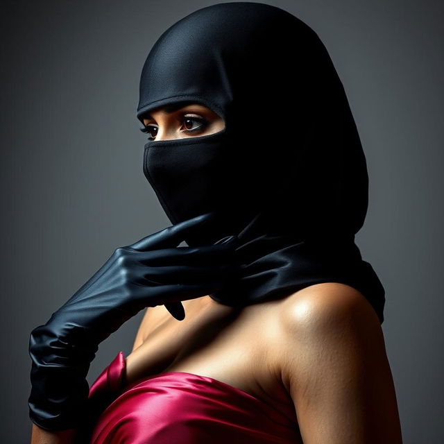 An enticing Indian woman dressed in a full-cover burglar balaclava and luxurious satin gloves, exuding confidence and allure