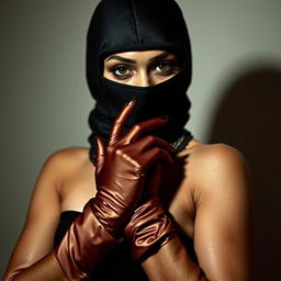 An enticing Indian woman dressed in a full-cover burglar balaclava and luxurious satin gloves, exuding confidence and allure