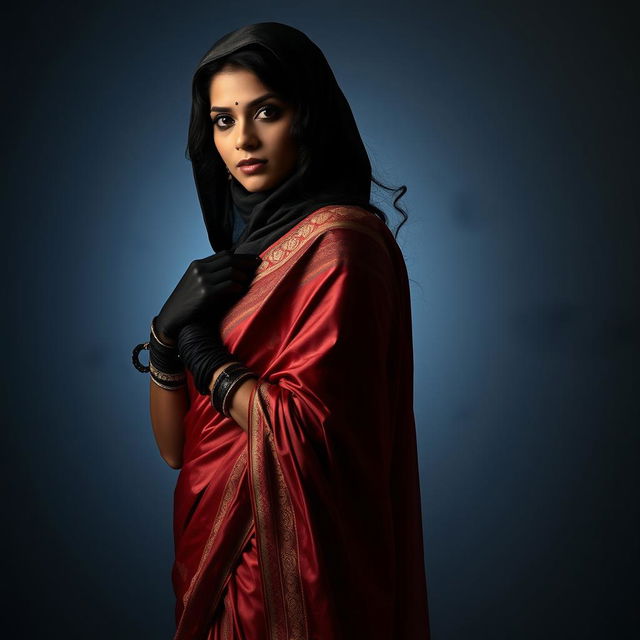 An alluring Indian woman dressed in an intricately designed saree that drapes elegantly over her curves, complemented by a full-cover burglar balaclava and luxurious satin gloves