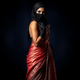 An alluring Indian woman dressed in an intricately designed saree that drapes elegantly over her curves, complemented by a full-cover burglar balaclava and luxurious satin gloves