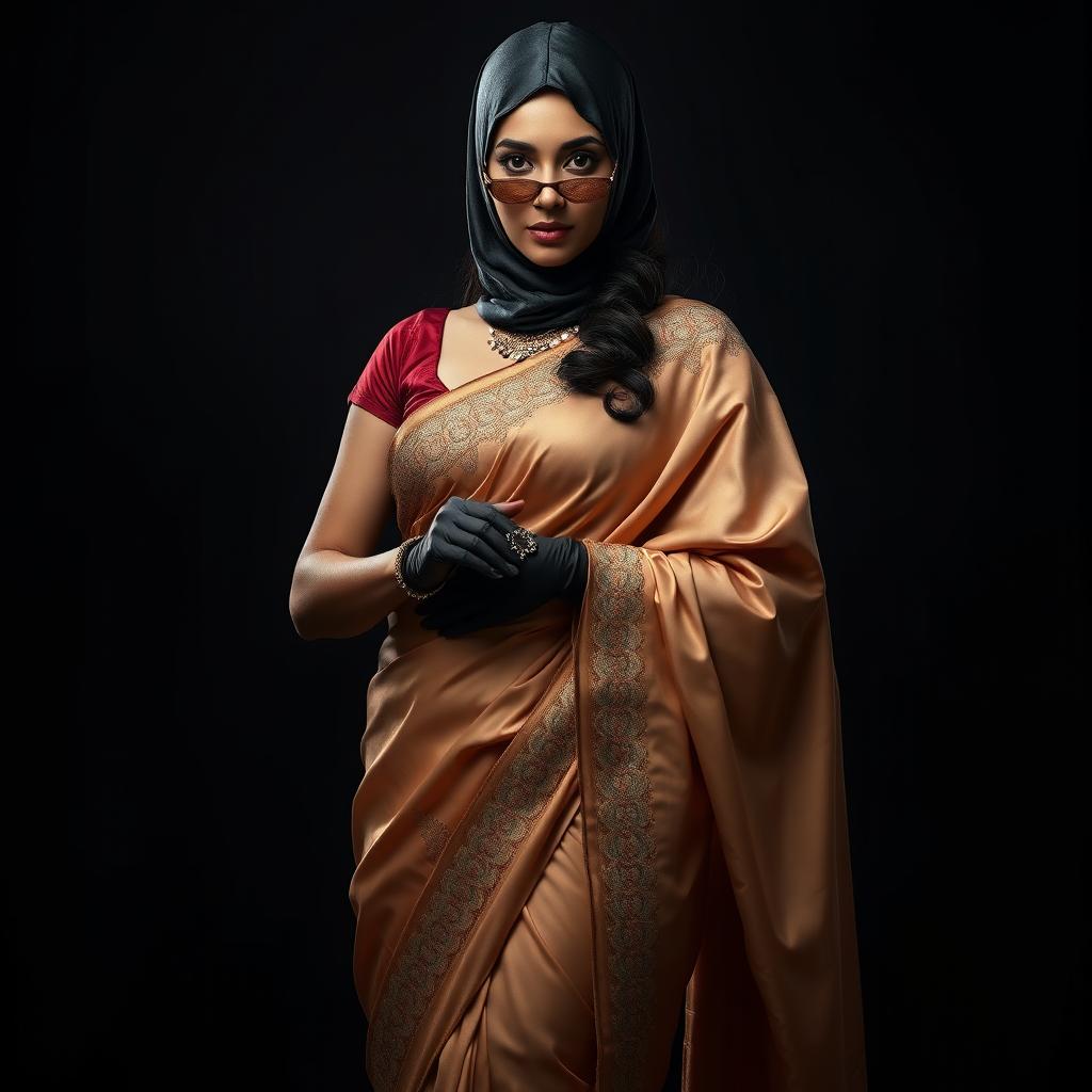 An alluring Indian woman dressed in an intricately designed saree that drapes elegantly over her curves, complemented by a full-cover burglar balaclava and luxurious satin gloves