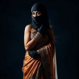 An alluring Indian woman dressed in an intricately designed saree that drapes elegantly over her curves, complemented by a full-cover burglar balaclava and luxurious satin gloves