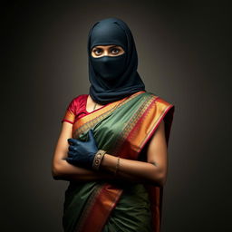 An enchanting Indian woman wearing a beautifully draped saree that showcases her elegance, combined with a full-cover burglar balaclava and stylish satin gloves