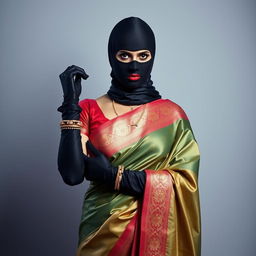 An enchanting Indian woman wearing a beautifully draped saree that showcases her elegance, combined with a full-cover burglar balaclava and stylish satin gloves