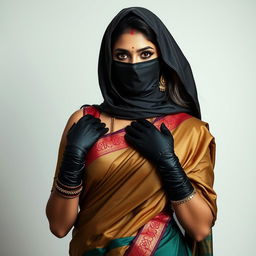 An enchanting Indian woman wearing a beautifully draped saree that showcases her elegance, combined with a full-cover burglar balaclava and stylish satin gloves