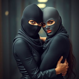 A visually striking image featuring two hot Indian women wearing full-cover burglar balaclavas, embracing each other in a passionate and intimate moment