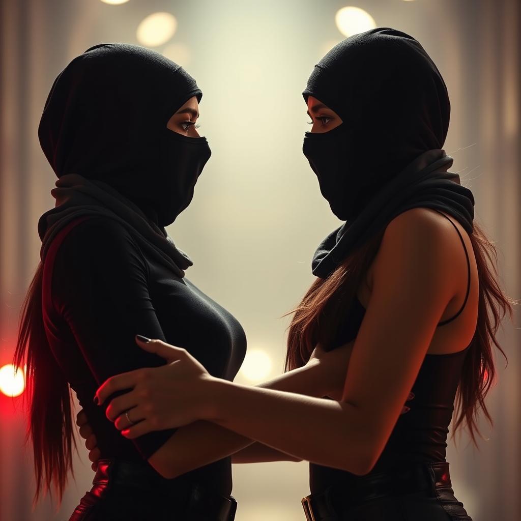 A visually striking image featuring two hot Indian women wearing full-cover burglar balaclavas, embracing each other in a passionate and intimate moment