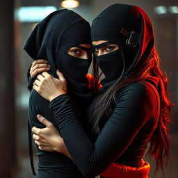 A visually striking image featuring two hot Indian women wearing full-cover burglar balaclavas, embracing each other in a passionate and intimate moment