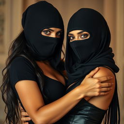 A visually striking image featuring two hot Indian women wearing full-cover burglar balaclavas, embracing each other in a passionate and intimate moment